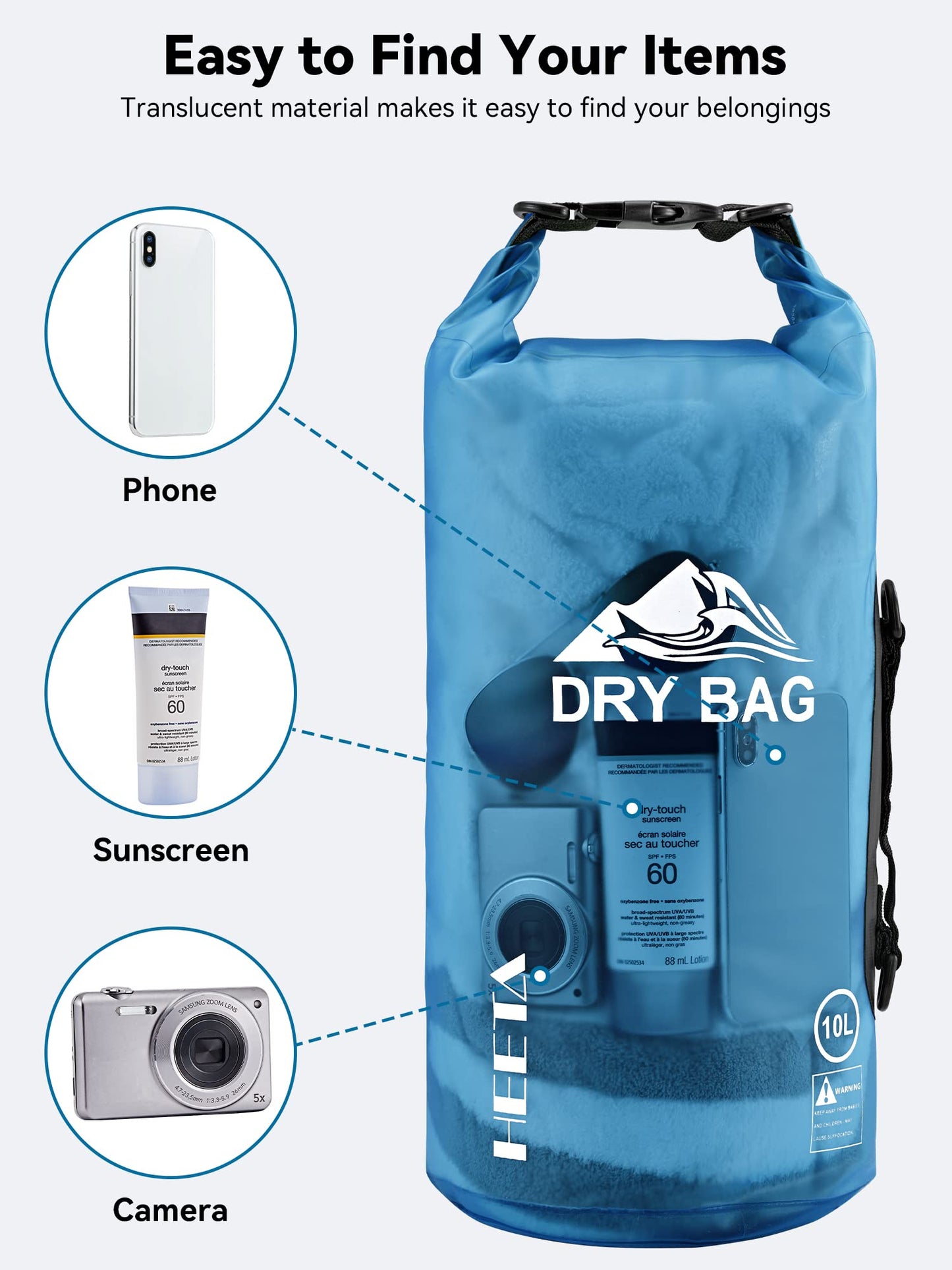 HEETA Dry Bag Waterproof for Women Men, Roll Top Lightweight Dry Storage Bag Backpack with Phone Case for Travel Swimming Boating Kayaking Paddle Board Camping Beach Accessories (Transparent Blue, 5L)