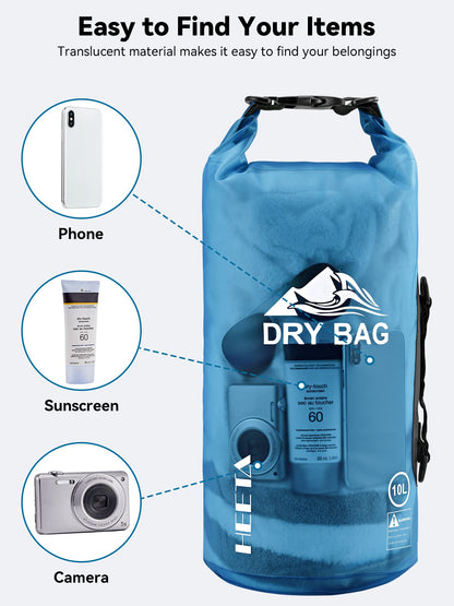HEETA Dry Bag Waterproof for Women Men, Roll Top Lightweight Dry Storage Bag Backpack with Phone Case for Travel Swimming Boating Kayaking Paddle Board Camping Beach Accessories (Transparent Blue, 5L)