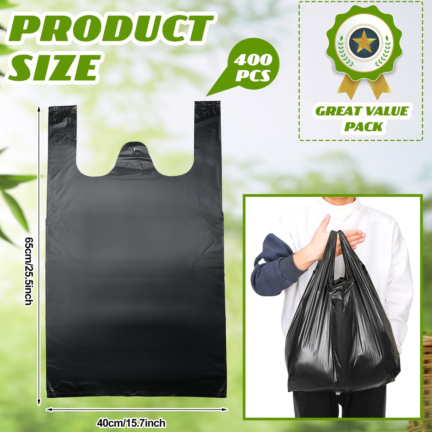 Kisston 400 Count Jumbo Size Plastic T Shirt Bags with Handles, 35 Mic, XX Large Plain Plastic T Shirt Grocery Bags, Thick and Heavy Duty (Black,25" x 15")