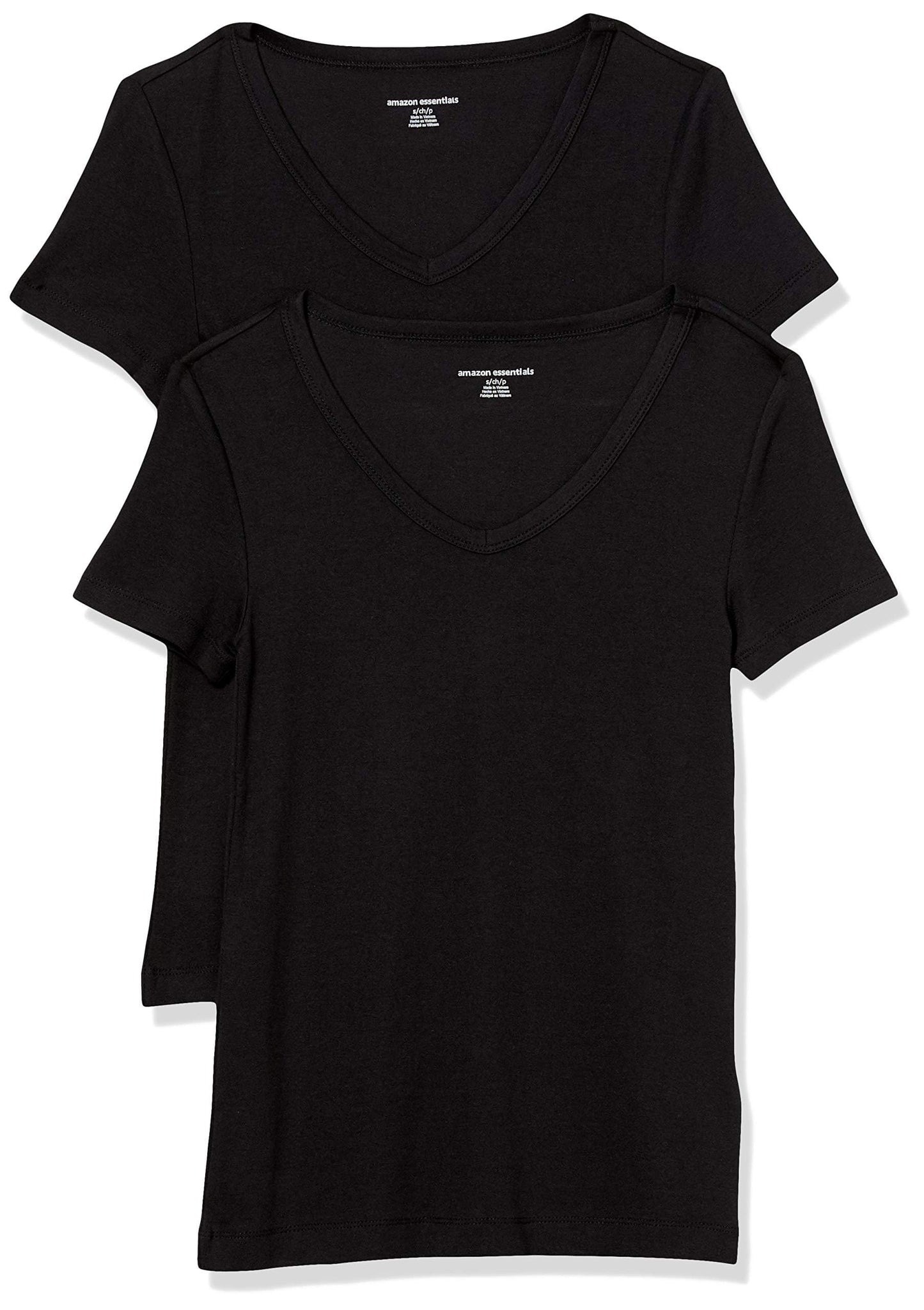 Amazon Essentials Women's Slim-Fit Short-Sleeve V-Neck T-Shirt, Pack of 2, Black, X-Small