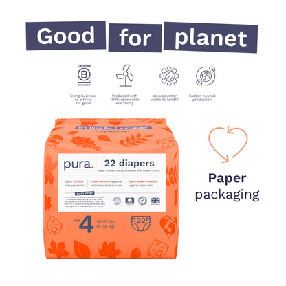 Pura Sensitive Skin Baby Diapers | Size 4 (18-31 lbs) | Hypoallergenic, Totally Chlorine Free, Fragrance Free, Up to 12-Hour Leak Protection | 6 Packs of 22 (132 Diapers)