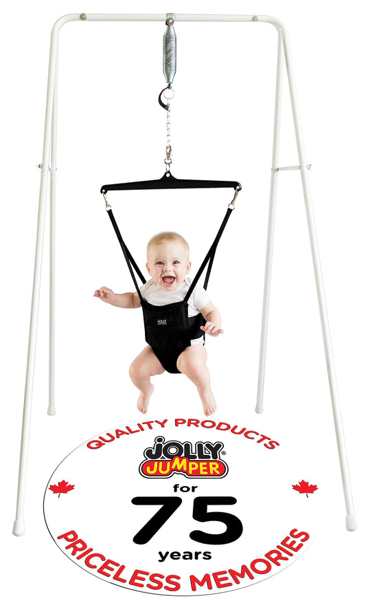 Jolly Jumper Classic (Black) with Stand - Baby Jumper, Indoor Exercise Saddle Seat, Adjustable Height, for Infants up to 28lbs, Your Alternative to Activity Centers and Baby Bouncers