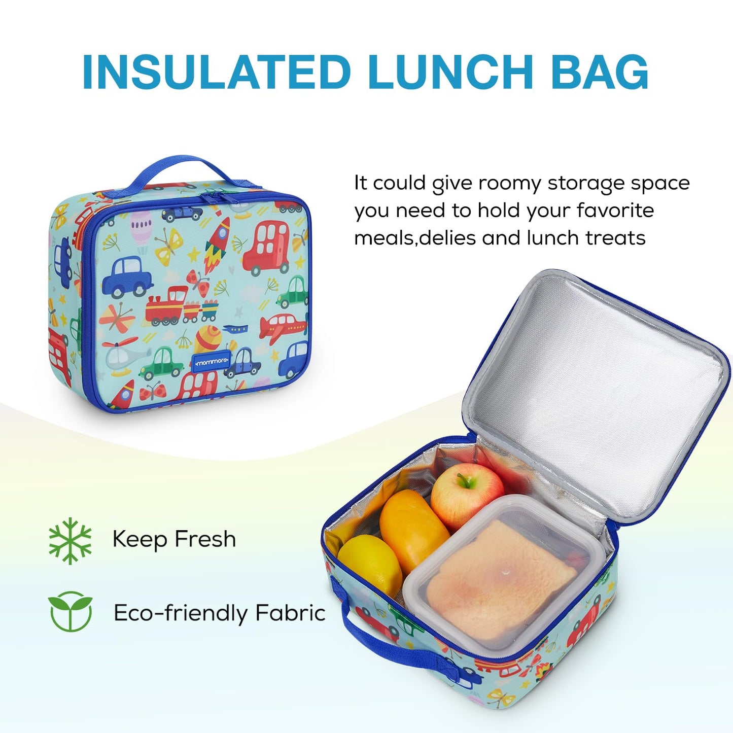 mommore Kids Backpack Set, Lightweight School Backpack for Kids Elementary Car Bookbag for Students with Chest Strap Water Resistant,3pcs blue