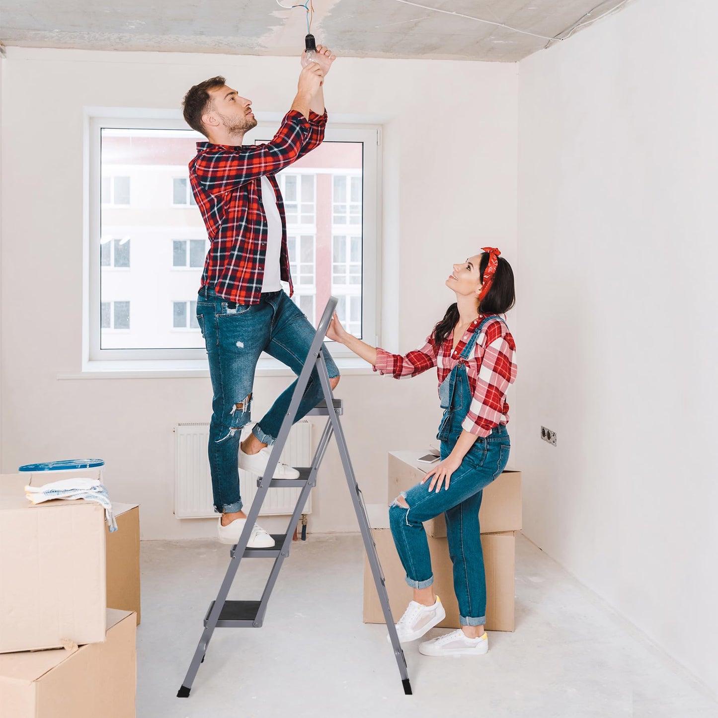 JungleA Step Ladder, Folding 4 Step Stool Ladder for Adult, w/Wide Anti-Slip Pedal, 330 lbs Load Capacity, Foldable Portable Sturdy Lightweight Tall Ladder for Closet, Kitchen, Office & Home, Grey