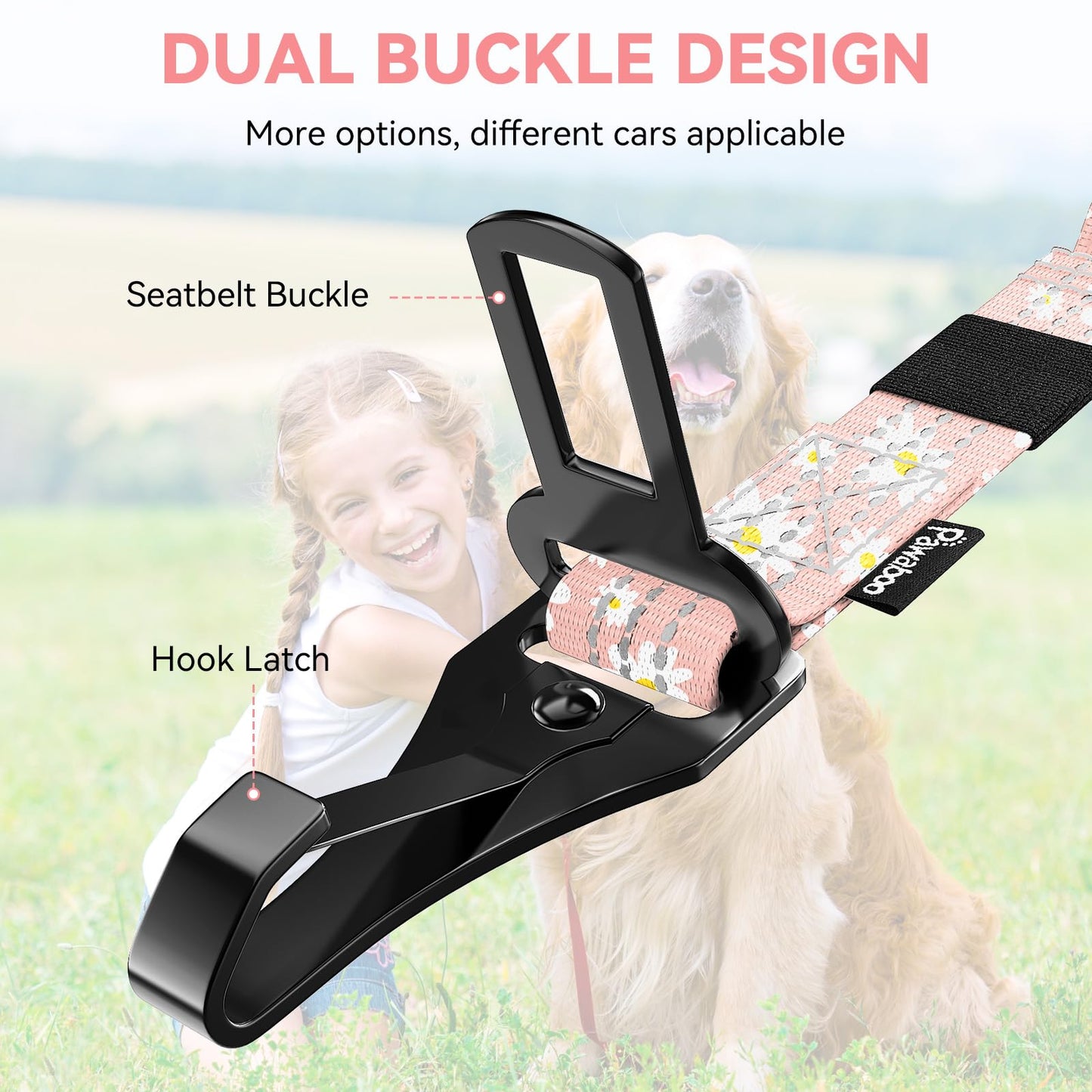 Pawaboo 2Pack Dog Seatbelt for Car, 3-in-1 Dog Car Seat Belt Bungee, Dogs Tether for Cars with Buckle & Hook Latch, Adjustable Reflective Dogs Cars Harness Leash with 360° Lockable Buckle, Light Pink