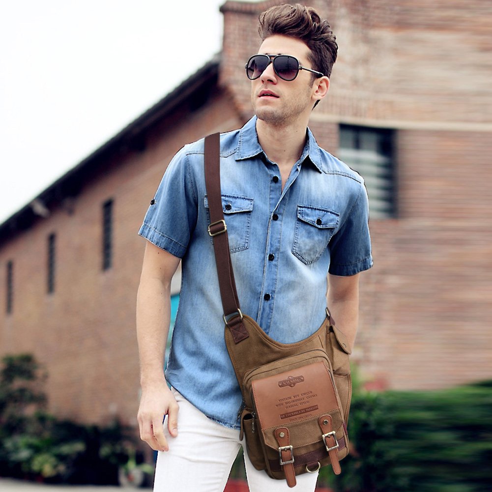 Mens Vintage Canvas Shoulder Bag Military Messenger Sling Bags Chest Leather Bag(SG255-Canvas Khaki)