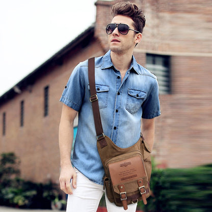 Mens Vintage Canvas Shoulder Bag Military Messenger Sling Bags Chest Leather Bag(SG255-Canvas Khaki)