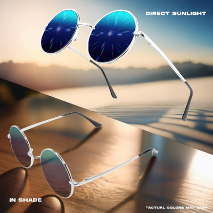 GloFX Blue Mirror Diffraction Glasses | Round Metal Frame with 3D Prism Effect