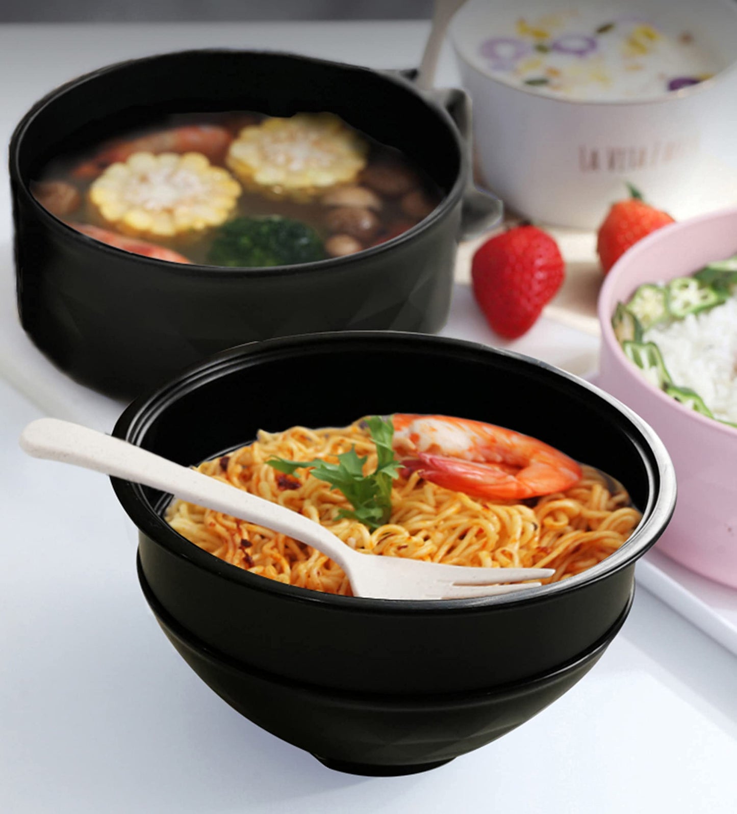 Layron Ramen Cooker Ramen Bowl Set with Chopsticks 33oz Microwave Noodle Bowl College Dorm Room Essentials for Girls for Boys Apartment Essentials-Black