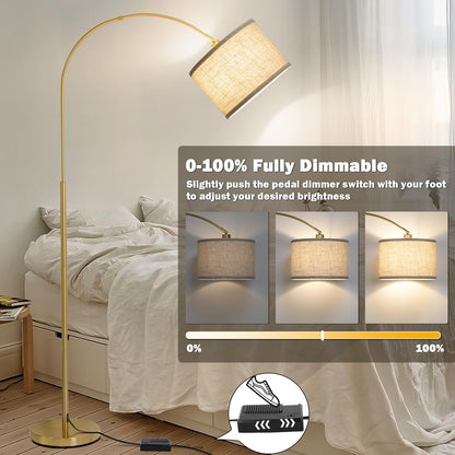 Gold Arc Floor Lamp, Dimmable Floor Lamp for Living Room, Mordern Standing Light with Adjustable Lamp Head, Tall Pole Lamp Over Couch Arched Light for Reading, Bedroom, Office, 9W LED Bulb Included