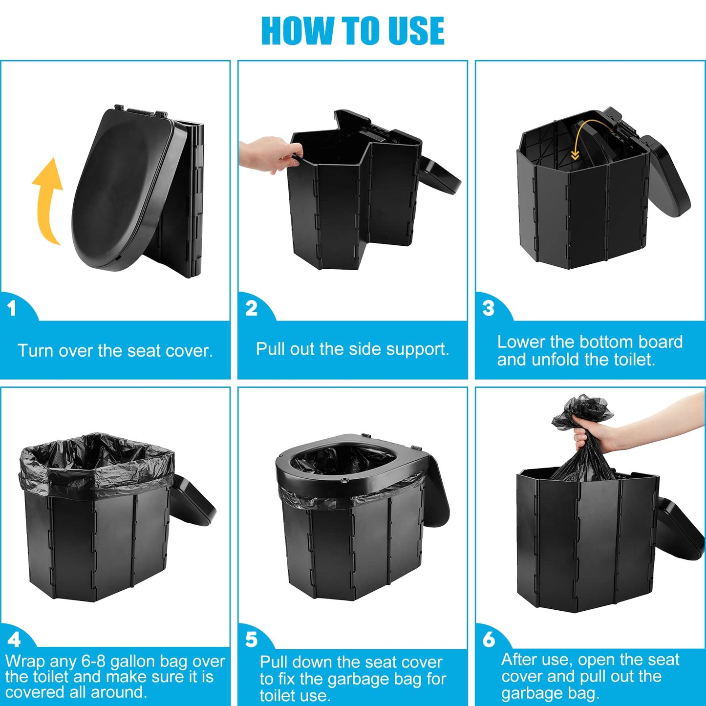 Portable Camping Toilet, Folding Toilet for Adults with Lid and Retractable TP Holder, Waterproof Porta Potty with Carry Bag and Disposible Liners for Camping, Hiking, RV Travel