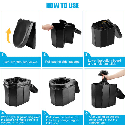 Portable Camping Toilet, Folding Toilet for Adults with Lid and Retractable TP Holder, Waterproof Porta Potty with Carry Bag and Disposible Liners for Camping, Hiking, RV Travel