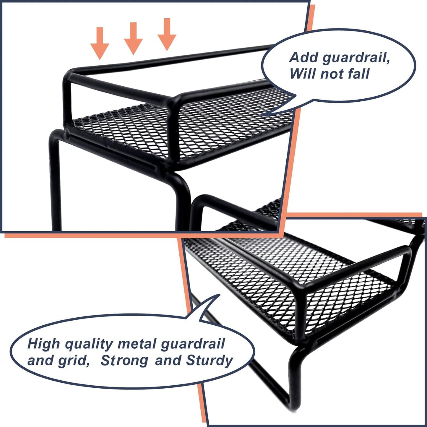 IFELS Spice Rack Organizer for Cabinet, 4 Tier Seasoning Organizer, Expandable Shelf,Step Storage Holder, Kitchen Cabinet Countertop,with Protection Railing, Metal (Black,4 Tier,2Pack)