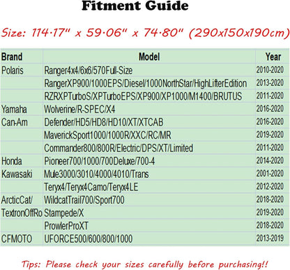 NEVERLAND UTV Covers Heavy Duty - Side by Side Cover Waterproof 300D Outdoor Storage Waterproof Black Compatible with Honda Pioneer Polaris Ranger Protection 114.17"x 59.06"x 74.80"(290x150x190 cm)