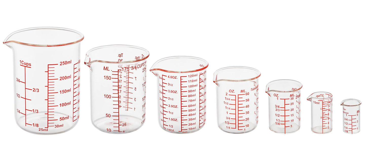 High Borosilicate Glass Measuring Cup Set-V-Shaped Spout，Includes 5ml/15ml/30ml/60ml/120ml/150ml/250ml Glass Measuring Beaker for Kitchen or Restaurant, Easy to Read(Pack of 7)