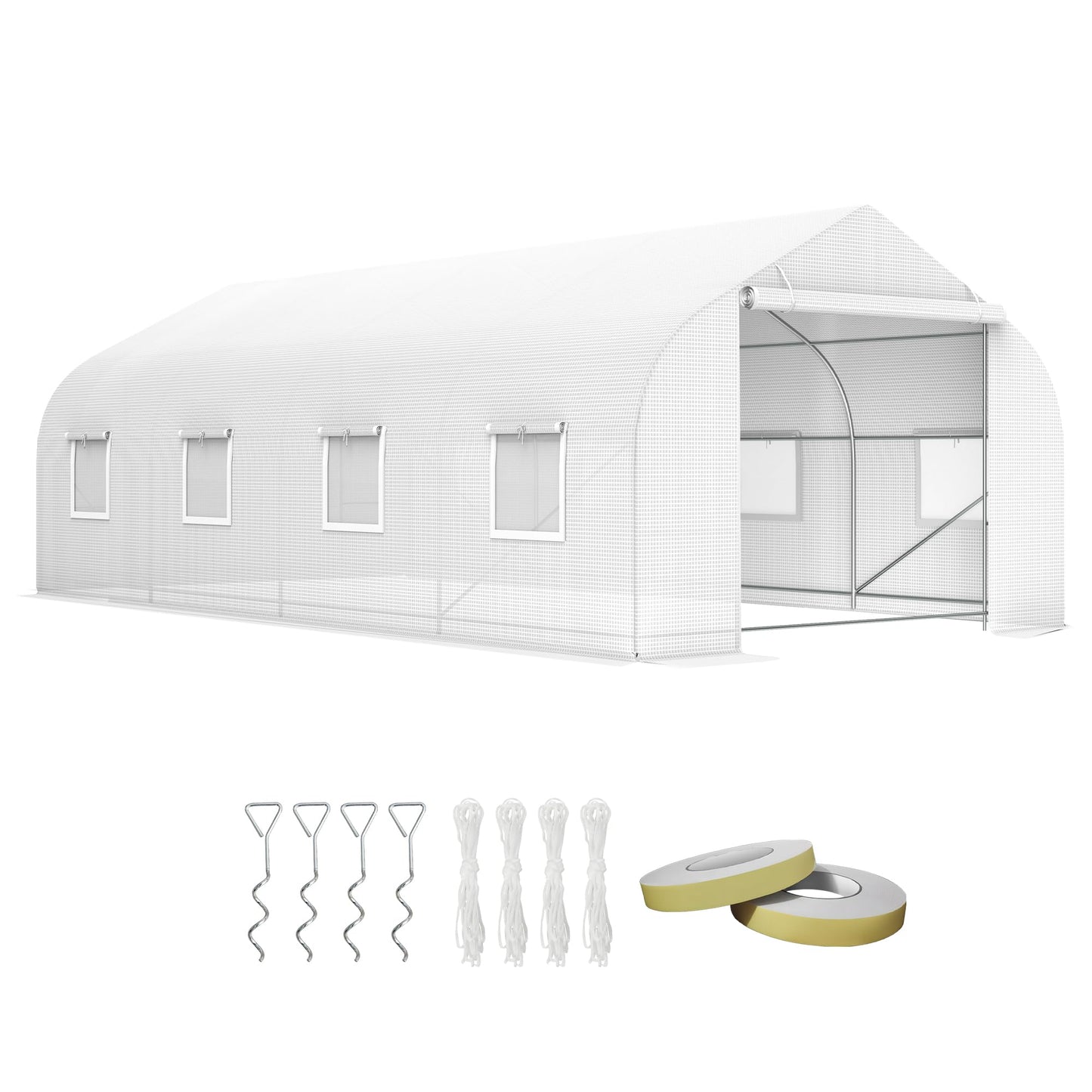 Outsunny 20' x 10' x 7' Outdoor Walk-in Greenhouse, Tunnel Green House with Roll-up Windows, Zippered Door, PE Cover, Heavy Duty Steel Frame, White
