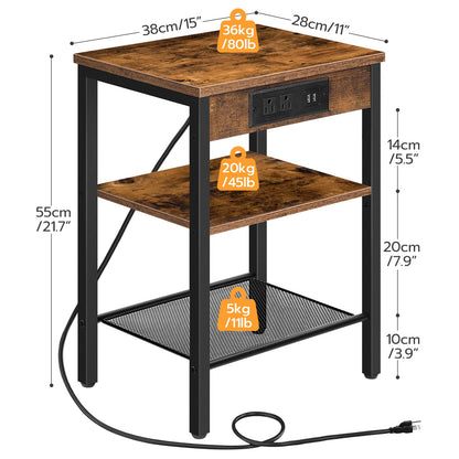 HOOBRO Side Table with Charging Station and USB Ports, Small End Table for Small Space, 3-Tier Nightstand with Adjustable Shelf, for Living Room, Bedroom and Balcony, Rustic Brown BF112BZ01