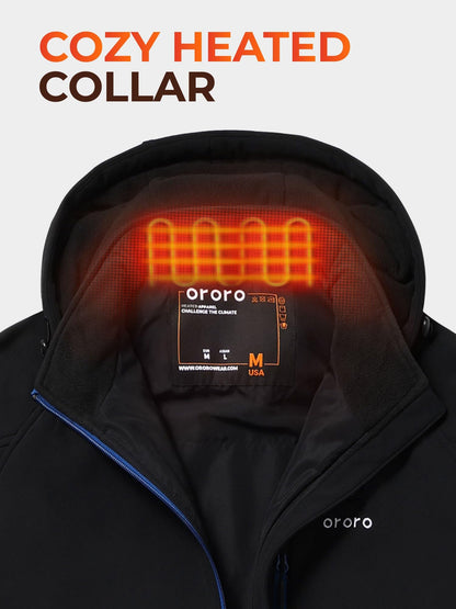 ORORO Men's 4 Heat-Zone Heated Jacket with Battery, Soft Shell Heated Jacket with Detachable Hood (Black/Blue, XL) (Charger Not Included)