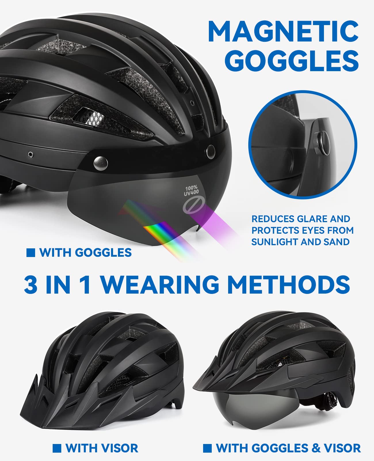 FUNWICT Adult Bike Helmet with Visor and Goggles for Men Women Mountain Road Bicycle Helmet Rechargeable Rear Light Cycling Helmet (L: 57-61 cm (22.4-24 inches), Black)