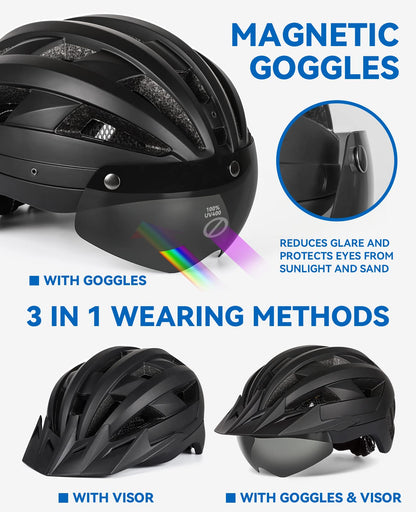 FUNWICT Adult Bike Helmet with Visor and Goggles for Men Women Mountain Road Bicycle Helmet Rechargeable Rear Light Cycling Helmet (L: 57-61 cm (22.4-24 inches), Black)