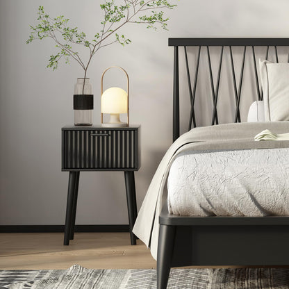 LAATOOREE Nightstands Set of 2, Small Side Table, Bedside Table with Fluted Door, Solid Wood Feet; Modern Mid-Century End Table for Bedroom, Small Space (Black)