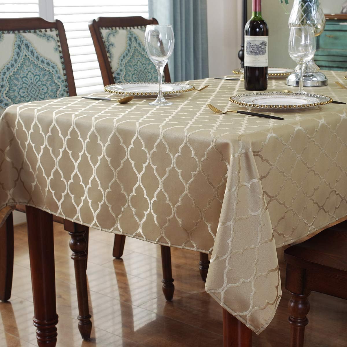 Jacquard Tablecloth Flower Pattern Polyester Table Cloth Spill Proof Dust-Proof Wrinkle Resistant Table Cover for Kitchen Dining Tabletop Decoration (Rectangle/Oblong, 60" x 84" (6-8 Seats), Gold)