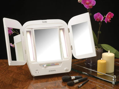 JERDON Modern Tri-Fold Makeup Mirror with Lights - Vanity Mirror with 5X Magnification & Multiple Light Settings - White Base - Model JGL10W