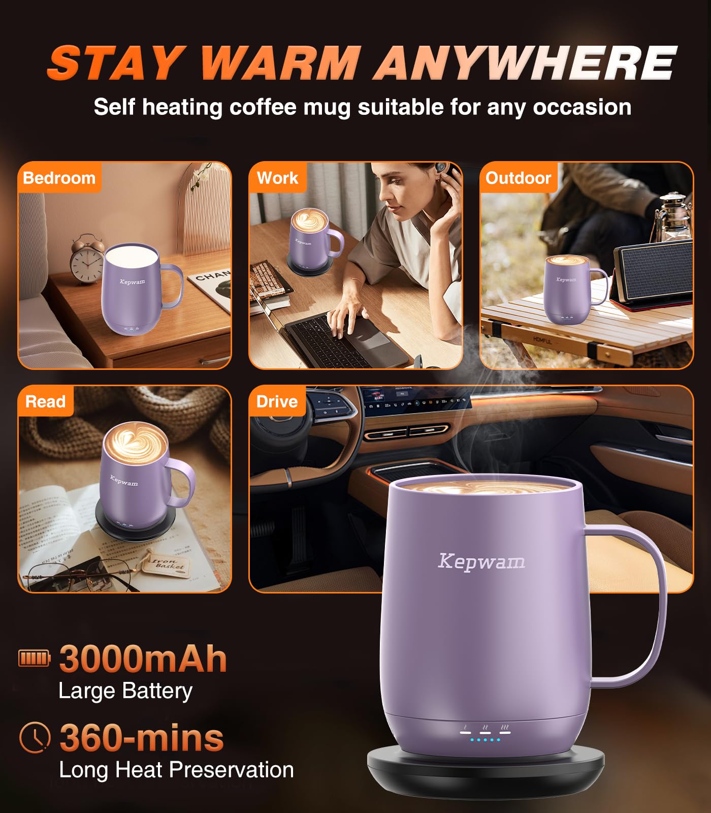 Kepwam Self Heating Coffee Mug T2, 16oz Smart Heated Coffee Mug, 150 Min Battery Life - Hot up to 149℉ Temperature Control Coffee Mug Warmer, Gifts for Dad Mom (No APP)