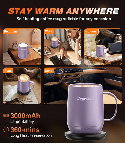 Kepwam Self Heating Coffee Mug T2, 16oz Smart Heated Coffee Mug, 150 Min Battery Life - Hot up to 149℉ Temperature Control Coffee Mug Warmer, Gifts for Dad Mom (No APP)