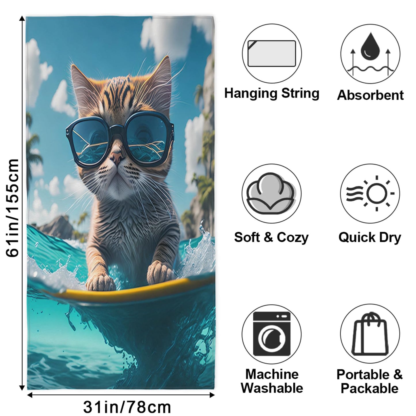ModaQua Cat Sunglasses Swim Beach Towel, Large Microfiber Quick Dry Lightweight Pool Bath Towels Sand Free Beach Blanket for Summer Cruise Yoga Camping Travel Vacation Essentials 31 x 61 in