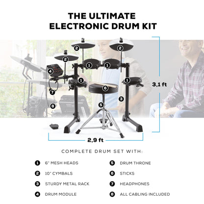Alesis Drums Debut Kit – Electric Drum Kit with 4 Quiet Mesh Electronic Pads, 120 Sounds, Drum Sticks, Stool, Headphones, and Lessons