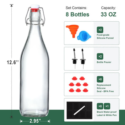 8 Pack [1 L / 33 fl. oz.] Swing Top Glass Bottles w/Airtight Stopper Lids – Flip Top Brewing Bottle for Fermentation, Kombucha, Mead, Vinegar, Beer, Kefir, Wine, Soda – With 8 Extra Seals & 2 Pourers
