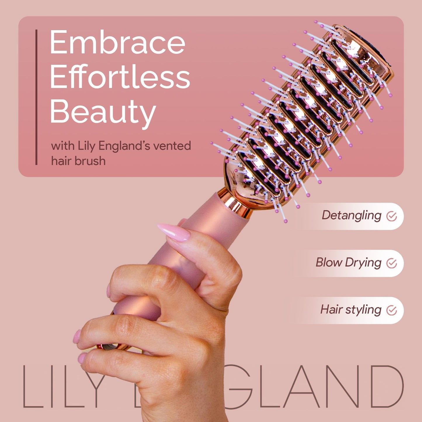 Lily England Vented Hair Brush for Blow Drying - Easy Detangling Hairbrush for Women for Fine, Thick, Curly Hair with Non-Slip Gel Handle - Static Free Vent Hair Brushes for Faster Drying, Rose Gold