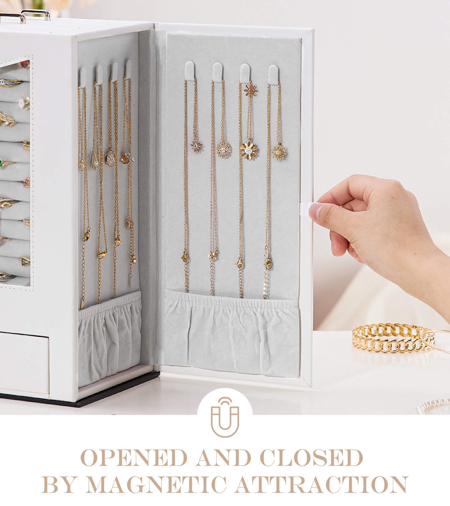Homde Jewelry Organizer with Transparent Window Necklace Hooks Gift for Women Jewelry Box Display Case for Necklaces Rings Earrings Bracelets and Other Jewelry Accessories (White)