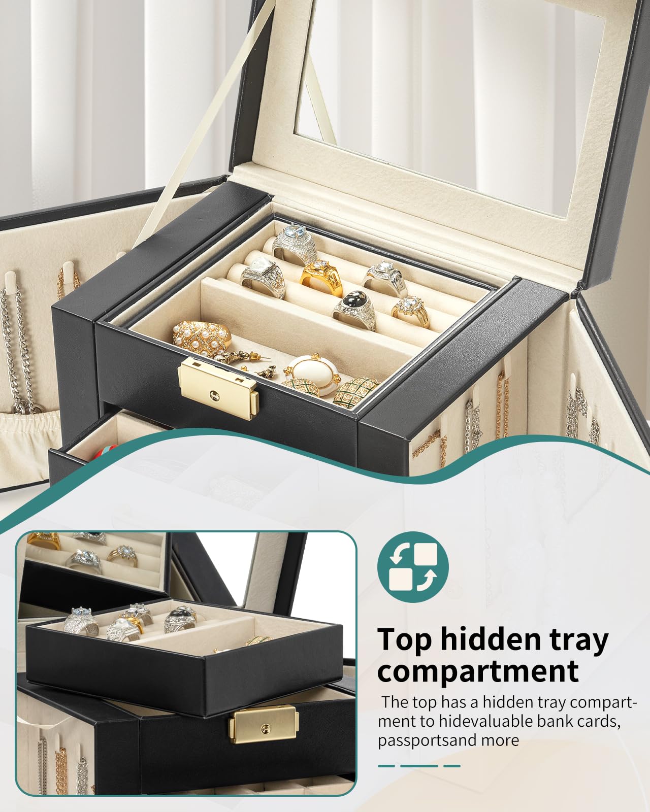 AKOZLIN 4-Tier Jewelry Box Leather Jewelry Storage Organizer with 3 Drawers Lockable for Women Girls Ring Necklace Earring Bracelet Holder with Mirror Black