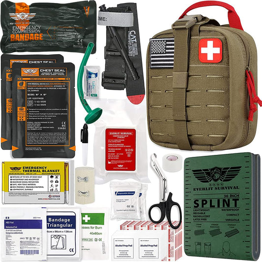 EVERLIT Advanced Emergency Trauma Kit, CAT GEN-7 Tourniquet Mil-Spec Nylon Laser Cut Pouch with 36" Splint, Military Combat Tactical IFAK for First Aid Response Bleeding Control (Coyote Brown)
