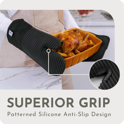 Extra Long Silicone Oven Mitts & Potholders Set - Heat Resistant 500°F Kitchen Gloves with Pot Holders, BPA-Free Waterproof Baking Mitts, Non-Slip Grip, 4-Piece Set, Black