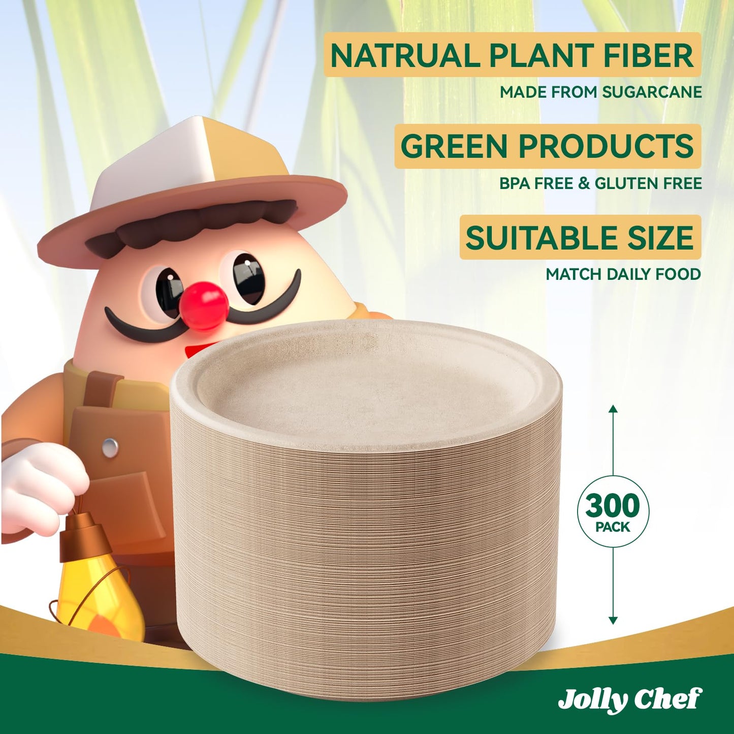 JOLLY CHEF Compostable Heavy Duty Plates 𝟭𝟬 𝗜𝗻𝗰𝗵 [𝟯𝟬𝟬 𝗣𝗮𝗰𝗸] Eco-Friendly Disposable Paper Plates Made of Bagasse Biodegradable Bulk for Party Dinner Sugarcane Fibers Round (Natural)