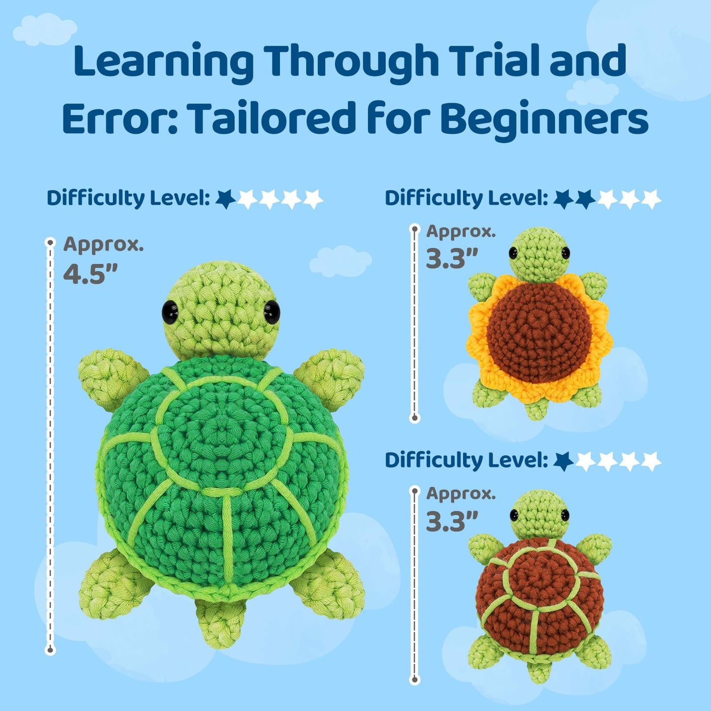 Mewaii Beginner Crochet Kit with 40% Extra Yarn, Pre-Started Yarn & Video Tutorials - 3 Sea Turtles Craft Set for Adults & Kids