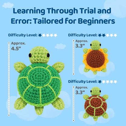 Mewaii Beginner Crochet Kit with 40% Extra Yarn, Pre-Started Yarn & Video Tutorials - 3 Sea Turtles Craft Set for Adults & Kids