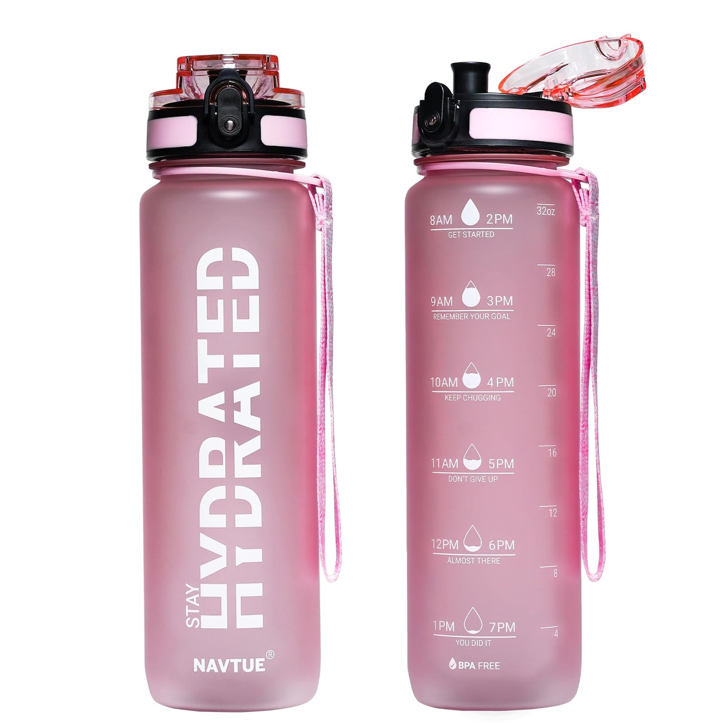 NAVTUE Water Bottle, 32oz Sports Water Bottles with Time Marker Wide Mouth, Motivational and Leakproof Drink Bottle, BPA Free Tritan with Carry Strap for Gym Fitness Outdoor(Direct Drink)