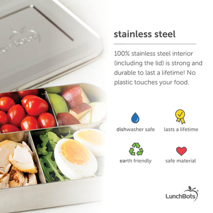 LunchBots Small Snack Packer Bento Box - Extra Small Divided Stainless Steel Snack Container - 2 Compartments for Fruits, Vegetables and Finger Foods - Dishwasher Safe – Stainless Lid