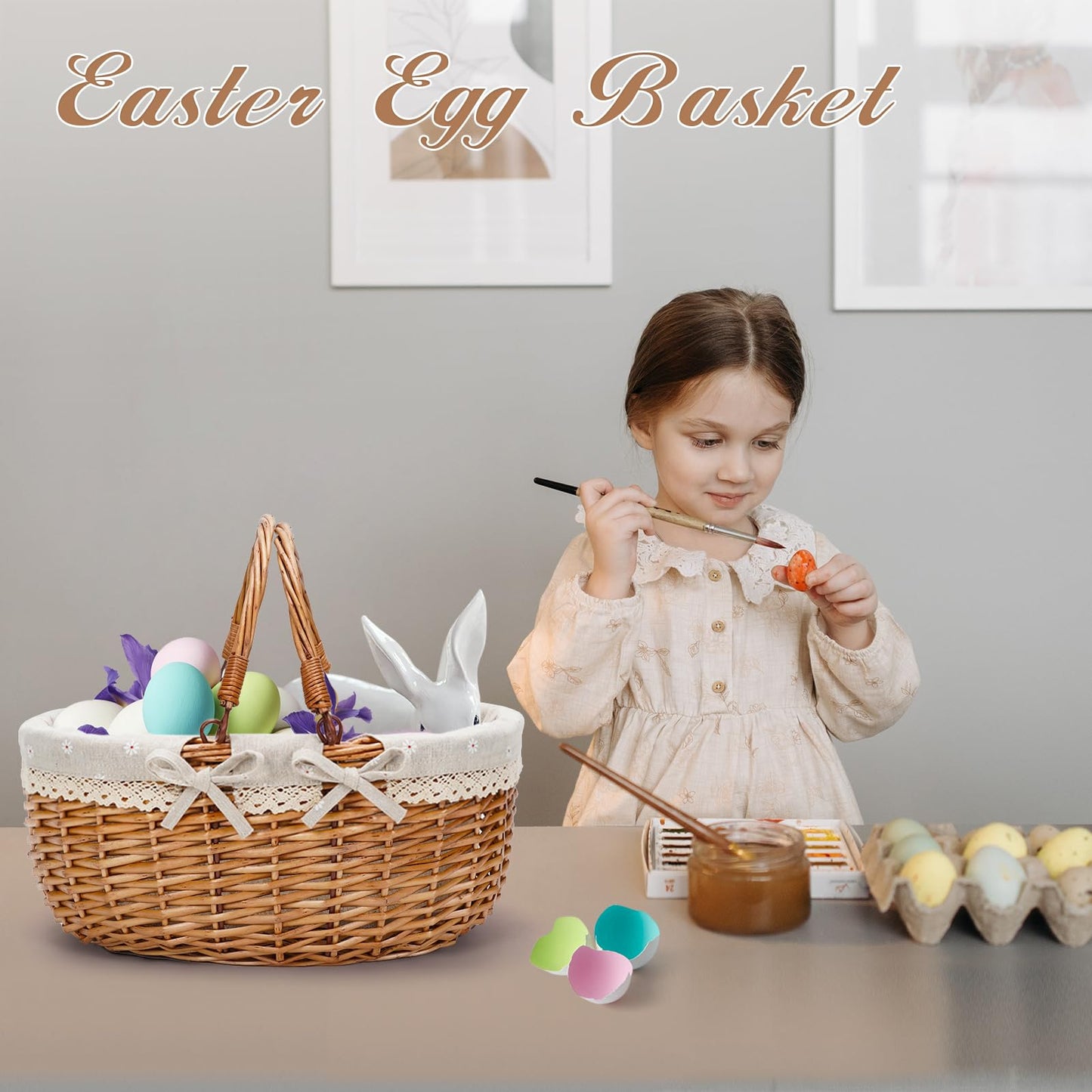 G GOOD GAIN Wicker Picnic Basket with Double Folding Handles,Willow Picnic Hamper,Natural Hand Woven Easter Basket,Easter Eggs and Candy Basket,Bath Toy and Kids Toy Storage,Gift Packing Basket.White