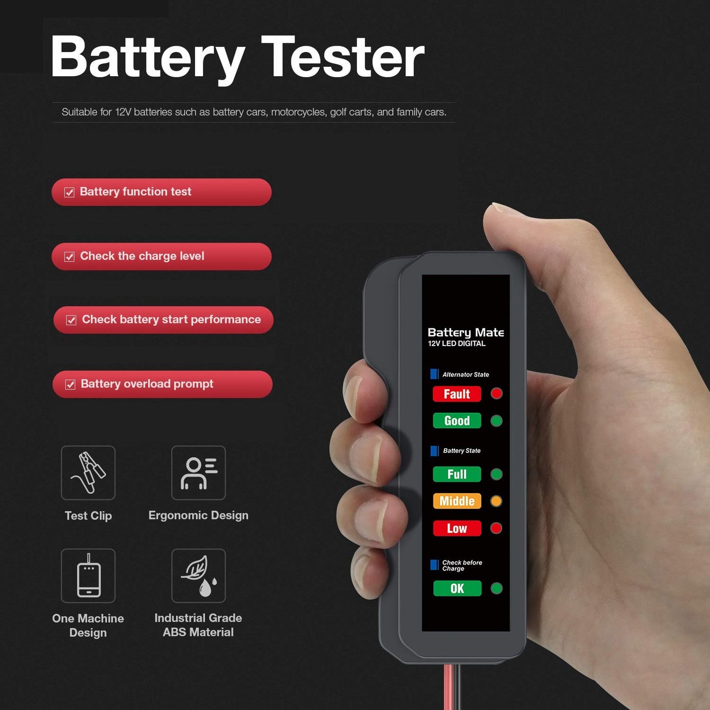 KINGBOLEN 12V car Battery Tester, Alternator Tester Automotive,Battery Checker, Analyzer to Check alternator & Battery Charging System,LED Indication
