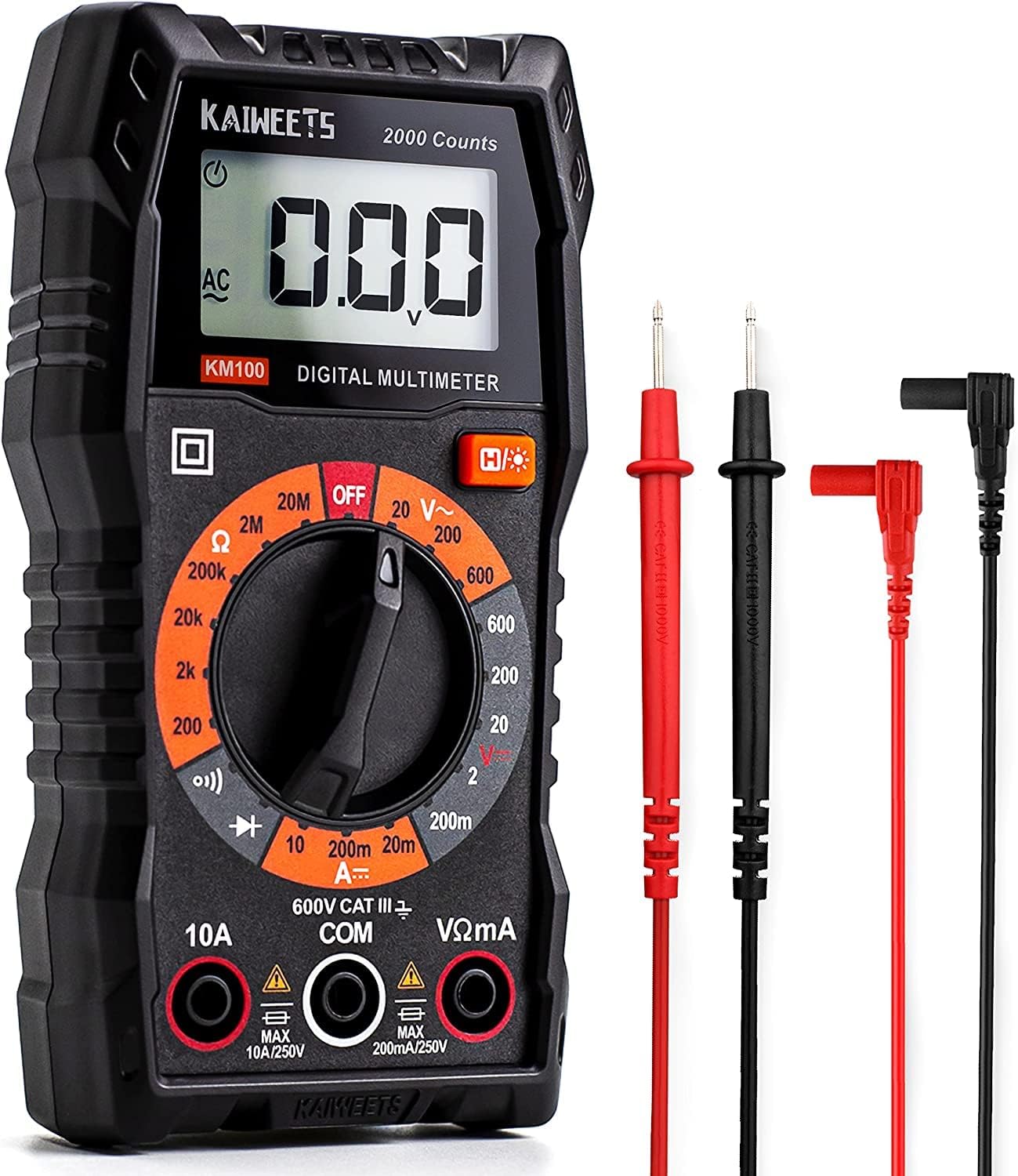 KAIWEETS Digital Multimeter with Case, DC AC Voltmeter, Ohm Volt Amp Test Meter and Continuity Test Diode Voltage Tester for Household Outlet, Automotive Battery Test (Anti-Burn with Double Fuses)