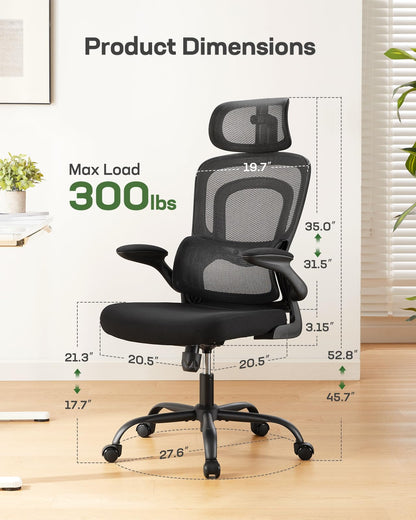 Marsail Ergonomic Office Chair with Lumbar Support, High Back Desk Chair with 2D Headrest & Flip-Up Armrests Gaming Computer Task Chair Tilt Function Black
