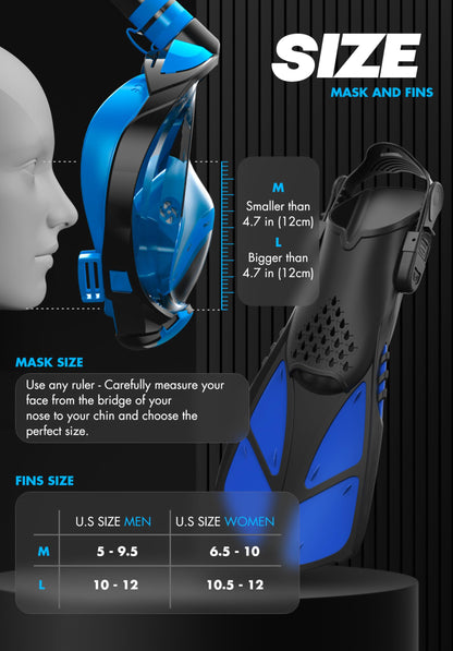 COZIA DESIGN Snorkeling Gear for Adults - Full Face Snorkel Mask and Swim Fins, 180° Panoramic View Snorkel Mask, Anti Fog and Anti Leak Adult Snorkel Set (Blue, Mask M - Fins M)
