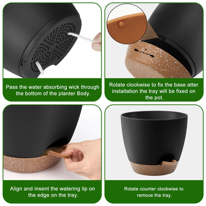 QRRICA Plant Pots 10/9/8/7.5/7 Inch Self Watering Pots, Set of 5 Plastic Planters with Drainage Holes and Saucers,Plastic Flower Pots,Nursery Planting Pot for Indoor Out Door Plants(Black Brown)