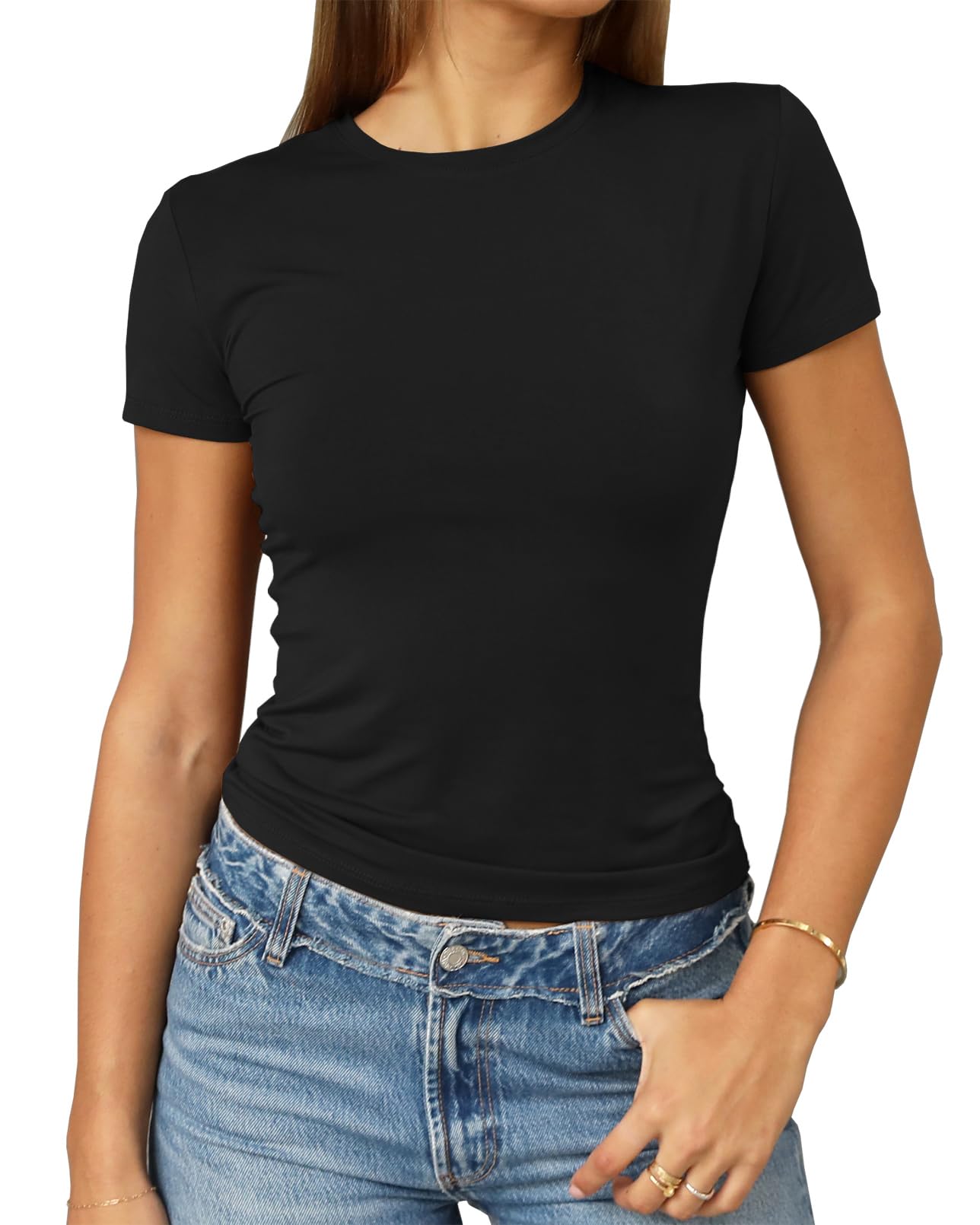 Abardsion Women's Casual Basic Going Out Crop Tops Slim Fit Short Sleeve Crew Neck Tight T Shirts 2025 (Black, S)