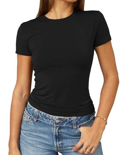 Abardsion Women's Casual Basic Going Out Crop Tops Slim Fit Short Sleeve Crew Neck Tight T Shirts 2025 (Black, S)